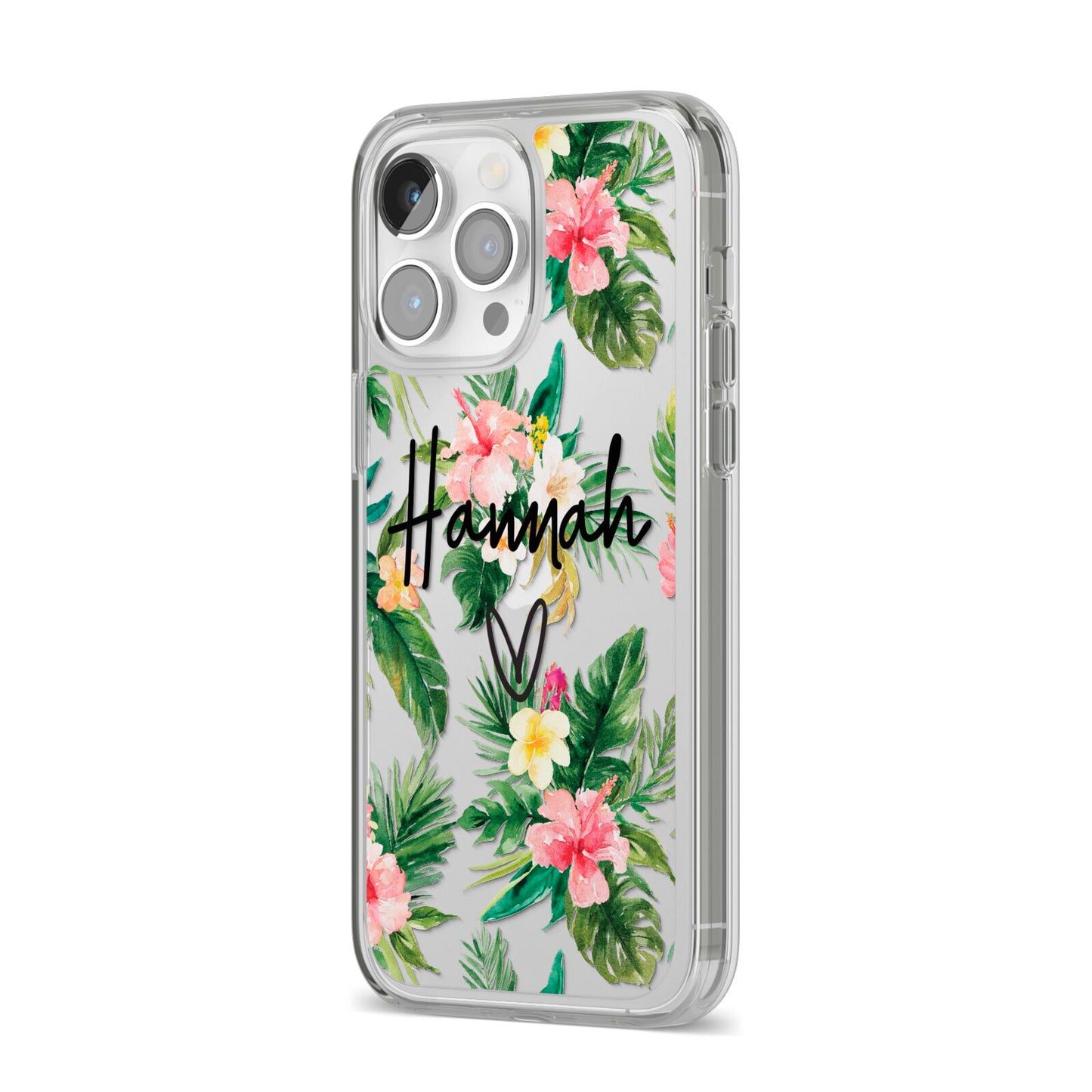 Personalised Tropical Floral Pink iPhone 14 Pro Max Clear Tough Case Silver Angled Image