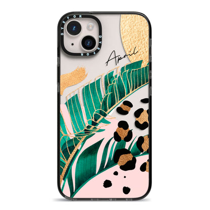Personalised Tropical Gold iPhone 14 Plus Black Impact Case on Silver phone