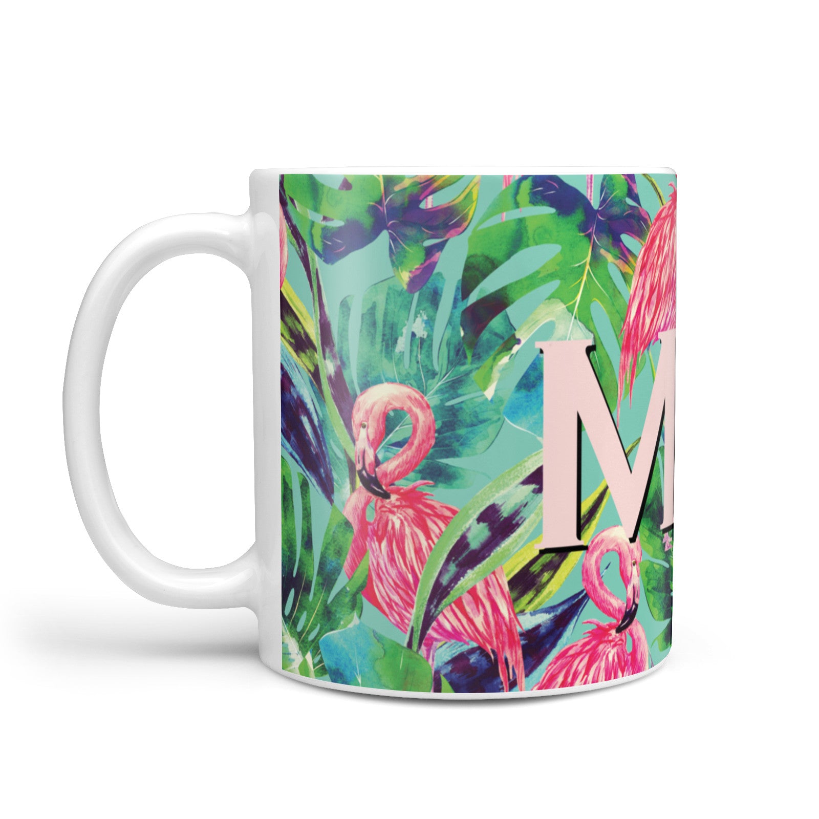 Personalised Tropical Green Leaves Flamingo 10oz Mug Alternative Image 1