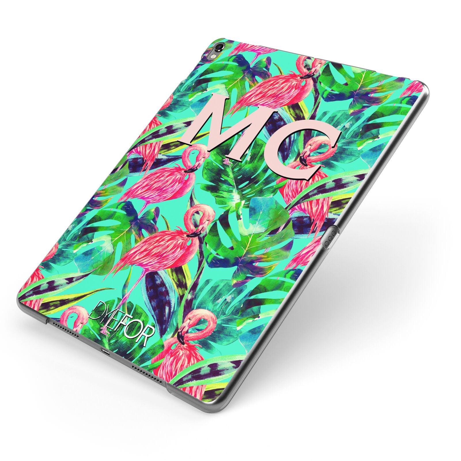 Personalised Tropical Green Leaves Flamingo Apple iPad Case on Grey iPad Side View