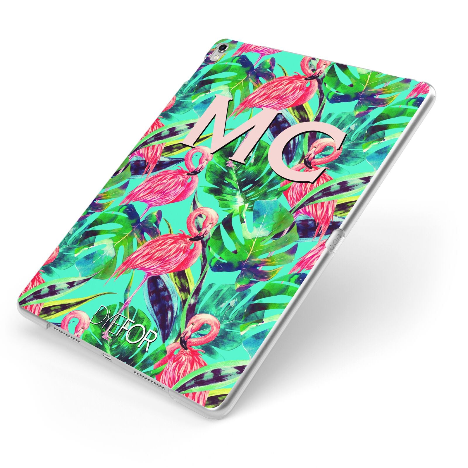 Personalised Tropical Green Leaves Flamingo Apple iPad Case on Silver iPad Side View