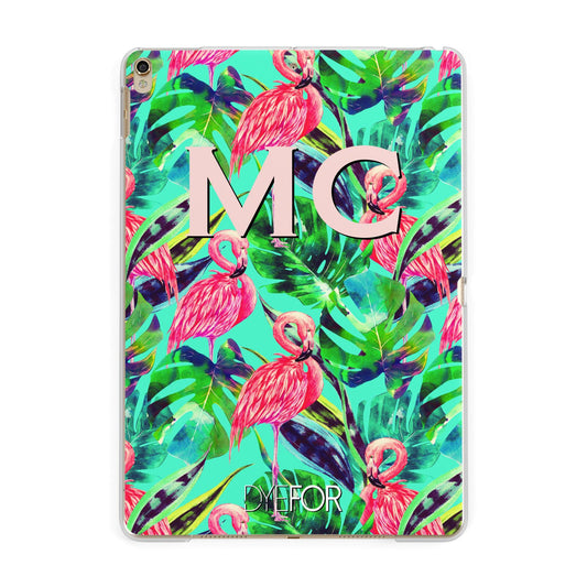Personalised Tropical Green Leaves Flamingo Apple iPad Gold Case
