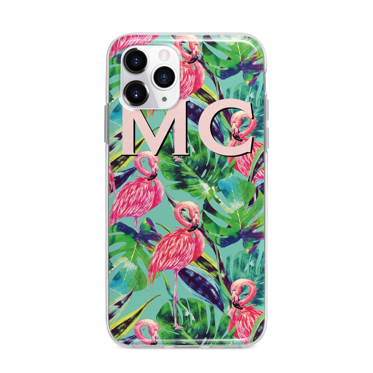 Personalised Tropical Green Leaves Flamingo Apple iPhone 11 Pro Max in Silver with Bumper Case