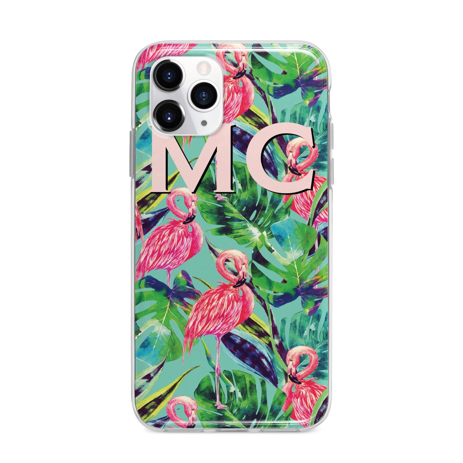 Personalised Tropical Green Leaves Flamingo Apple iPhone 11 Pro in Silver with Bumper Case