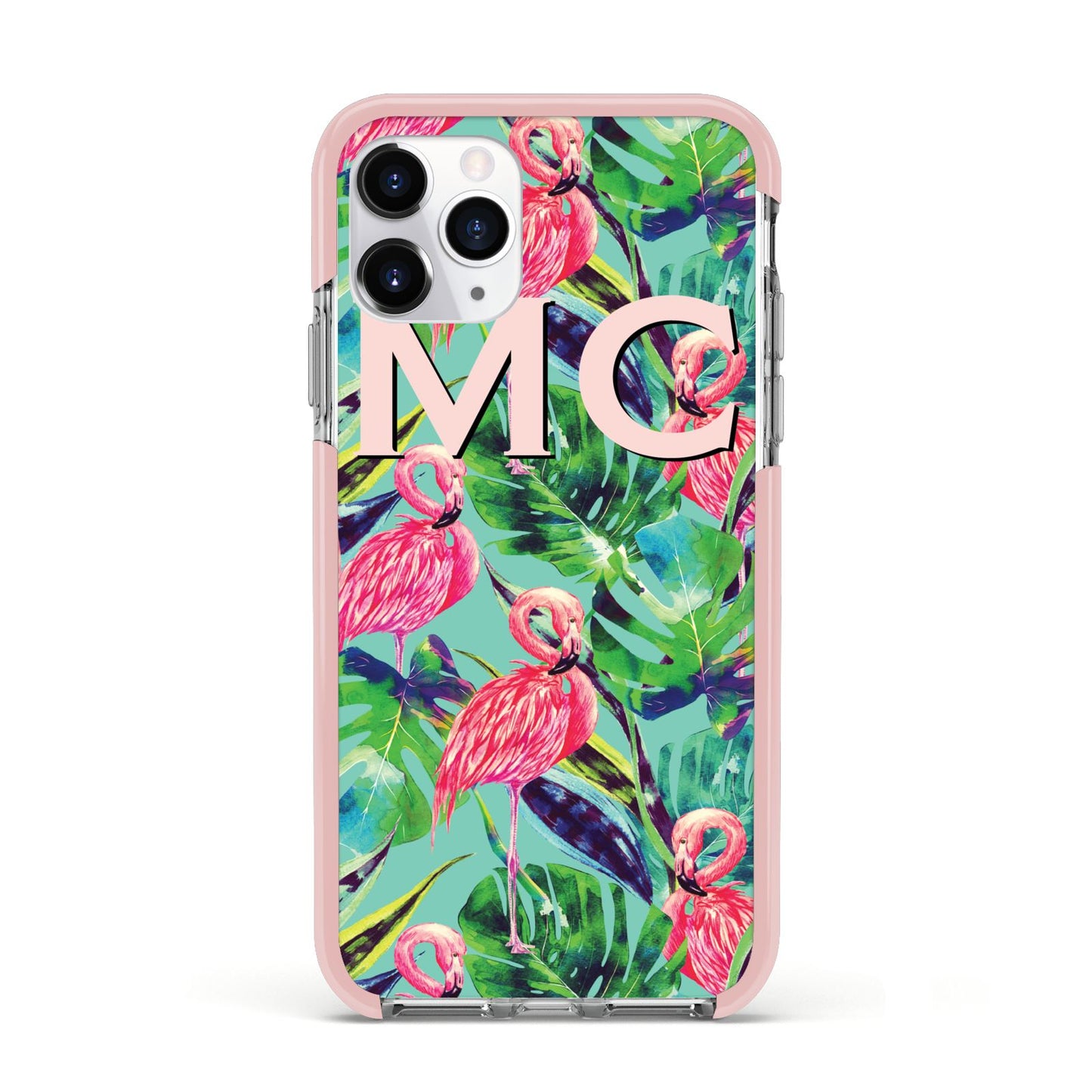 Personalised Tropical Green Leaves Flamingo Apple iPhone 11 Pro in Silver with Pink Impact Case