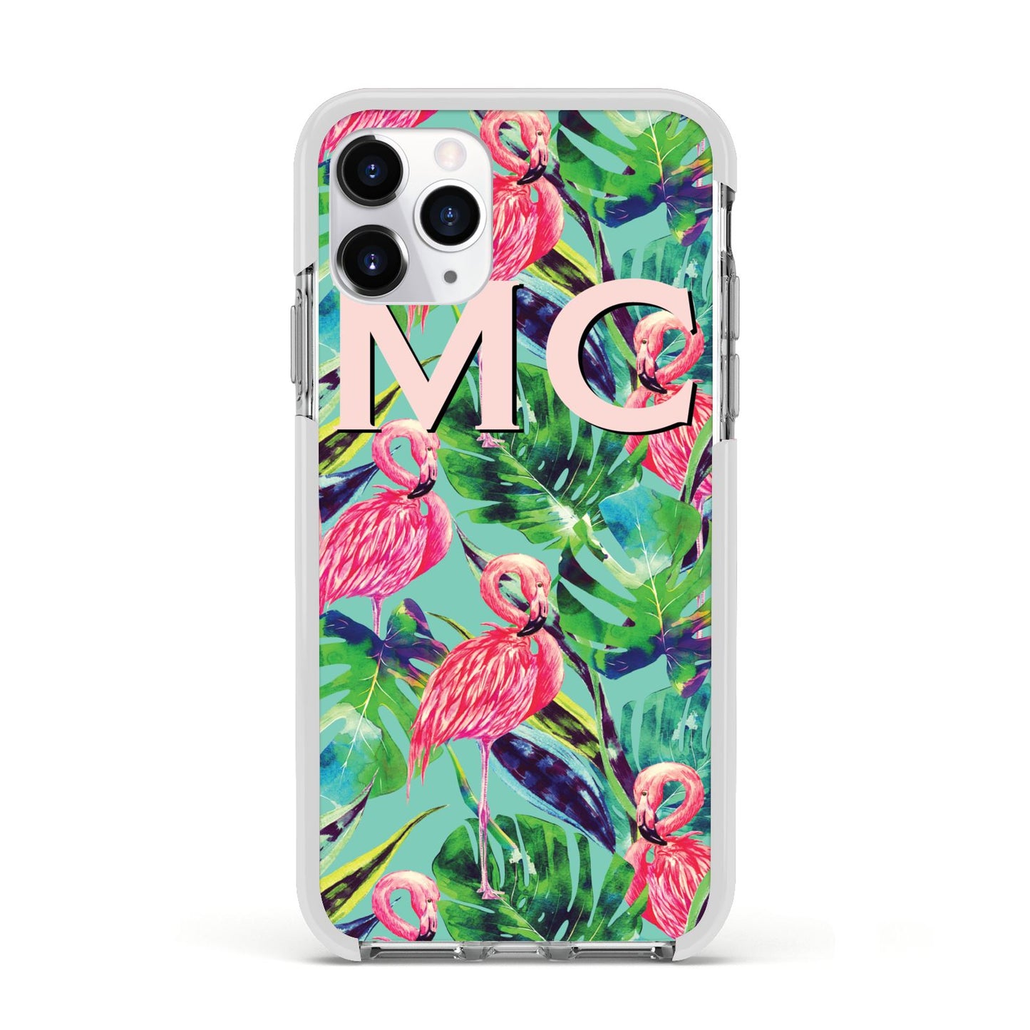 Personalised Tropical Green Leaves Flamingo Apple iPhone 11 Pro in Silver with White Impact Case