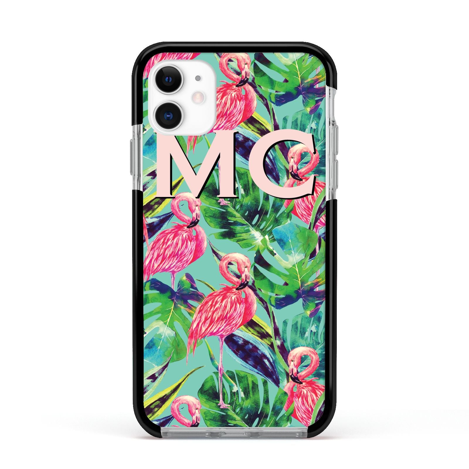 Personalised Tropical Green Leaves Flamingo Apple iPhone 11 in White with Black Impact Case