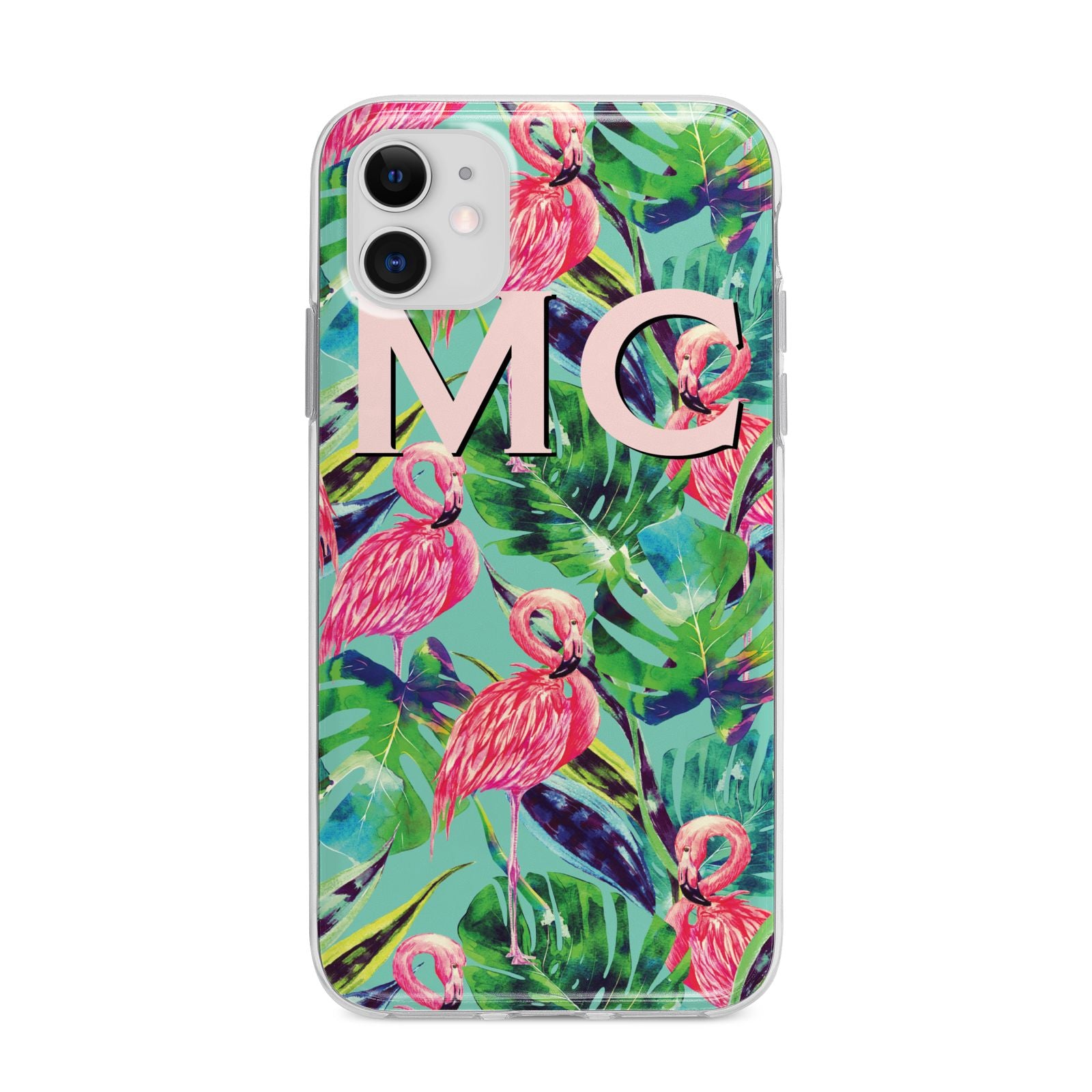 Personalised Tropical Green Leaves Flamingo Apple iPhone 11 in White with Bumper Case