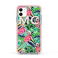 Personalised Tropical Green Leaves Flamingo Apple iPhone 11 in White with Pink Impact Case
