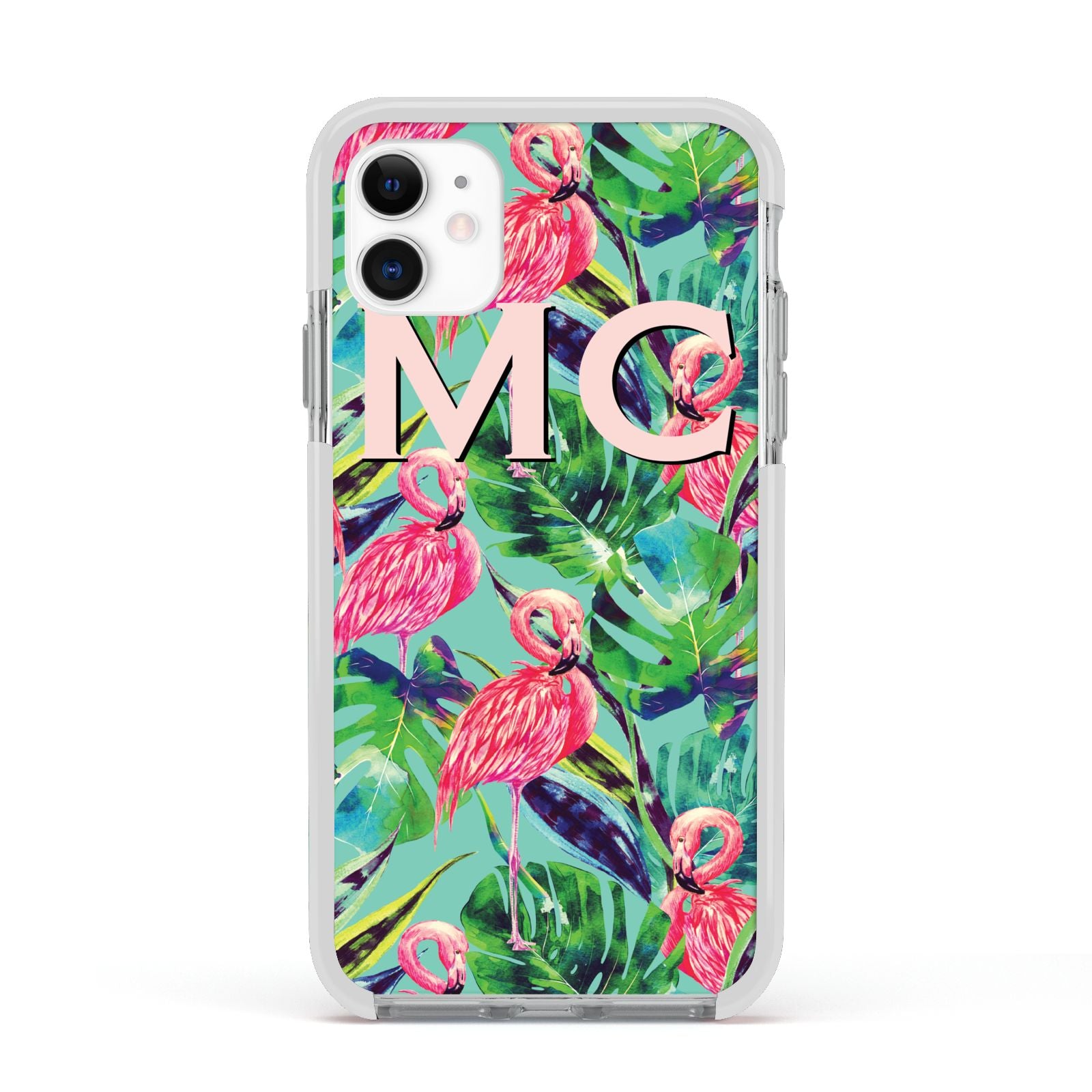 Personalised Tropical Green Leaves Flamingo Apple iPhone 11 in White with White Impact Case
