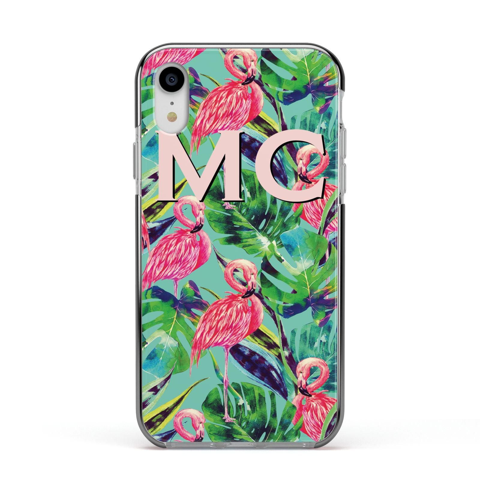 Personalised Tropical Green Leaves Flamingo Apple iPhone XR Impact Case Black Edge on Silver Phone