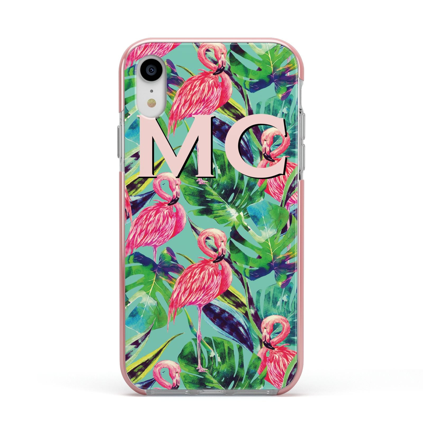 Personalised Tropical Green Leaves Flamingo Apple iPhone XR Impact Case Pink Edge on Silver Phone