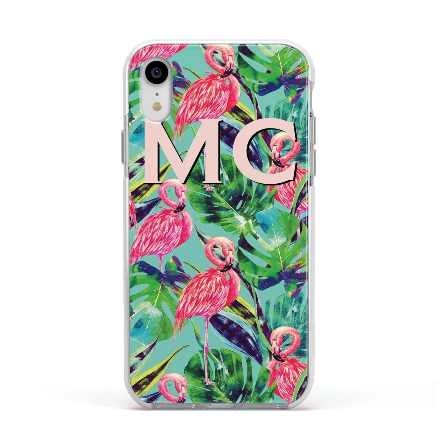 Personalised Tropical Green Leaves Flamingo Apple iPhone XR Impact Case White Edge on Silver Phone
