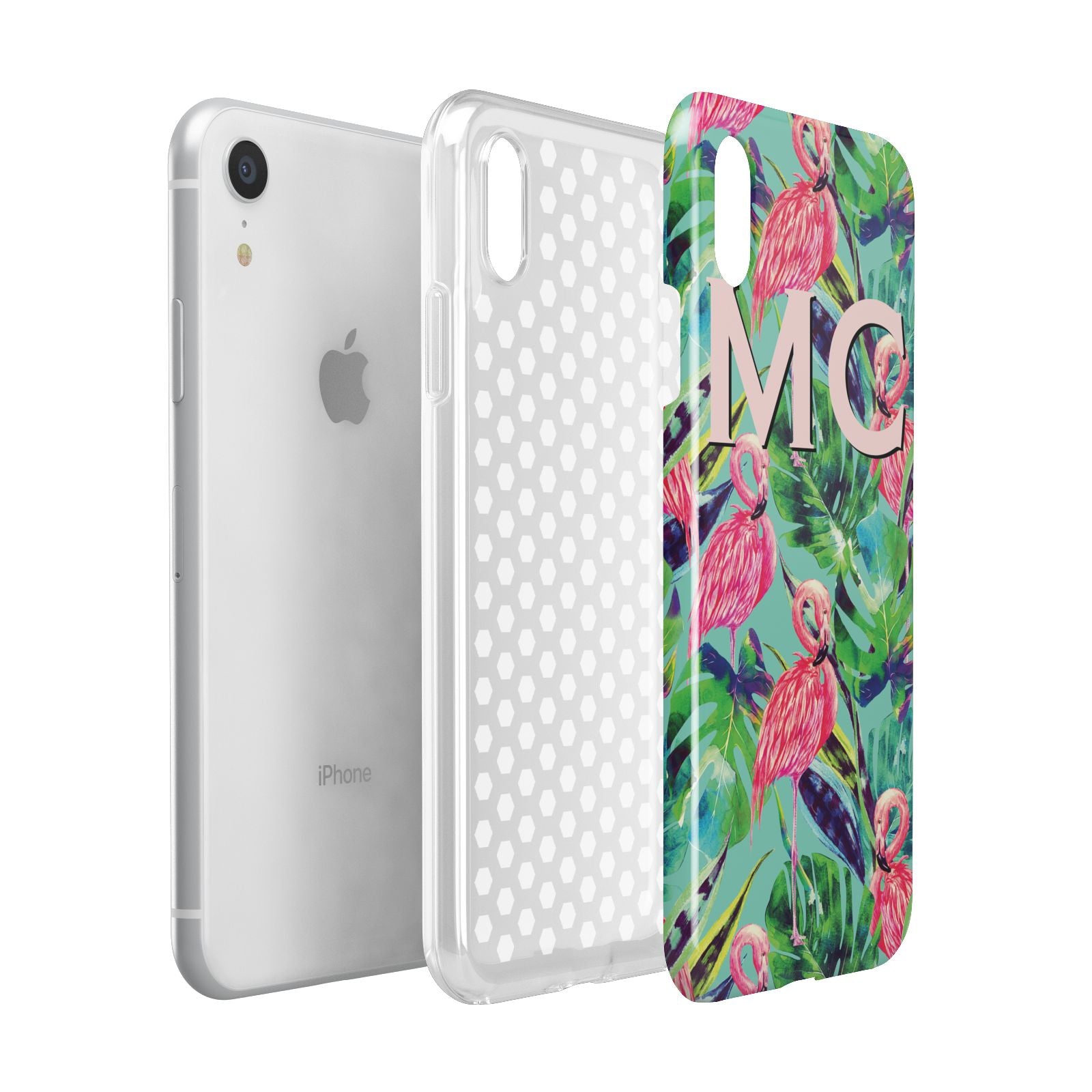 Personalised Tropical Green Leaves Flamingo Apple iPhone XR White 3D Tough Case Expanded view