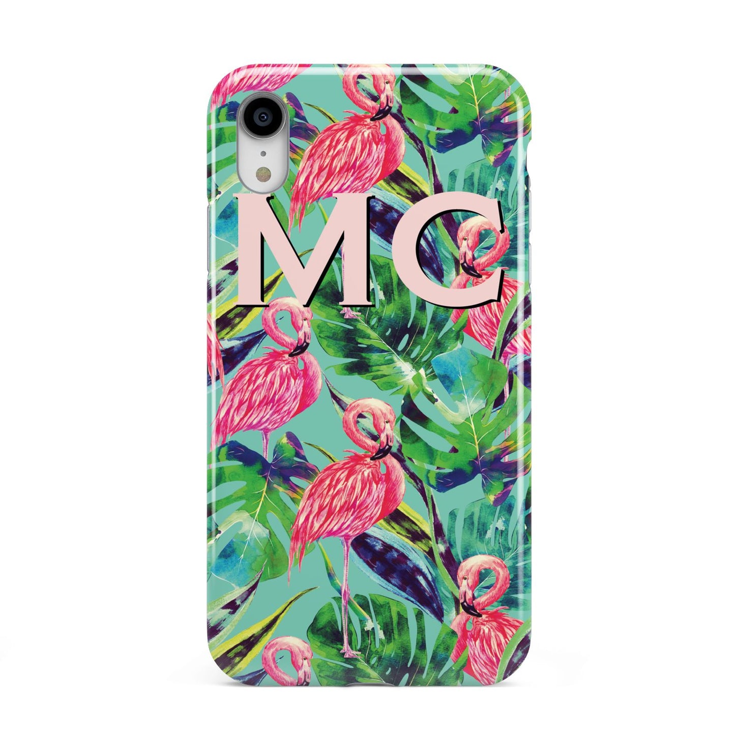 Personalised Tropical Green Leaves Flamingo Apple iPhone XR White 3D Tough Case