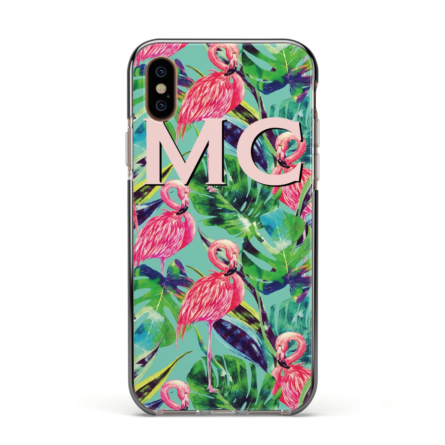 Personalised Tropical Green Leaves Flamingo Apple iPhone Xs Impact Case Black Edge on Gold Phone