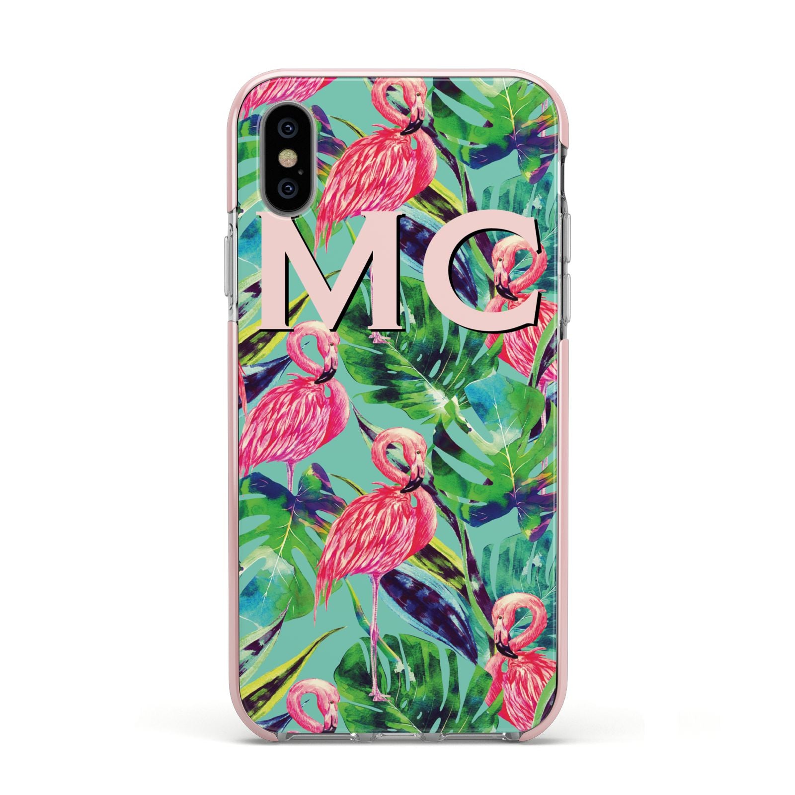 Personalised Tropical Green Leaves Flamingo Apple iPhone Xs Impact Case Pink Edge on Silver Phone