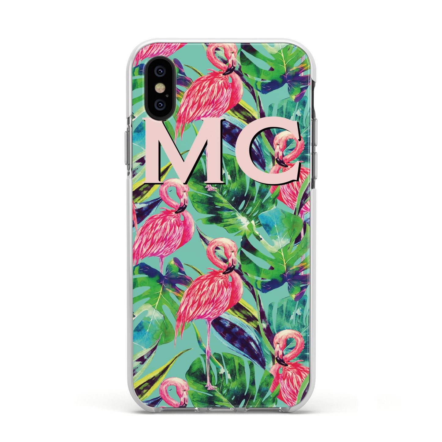 Personalised Tropical Green Leaves Flamingo Apple iPhone Xs Impact Case White Edge on Black Phone