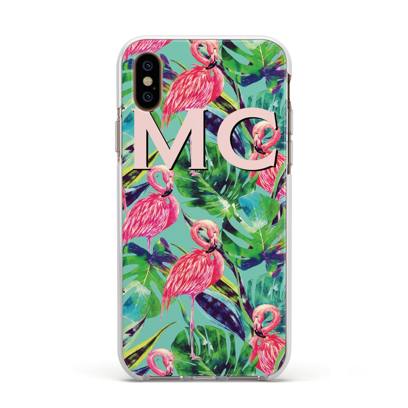 Personalised Tropical Green Leaves Flamingo Apple iPhone Xs Impact Case White Edge on Gold Phone