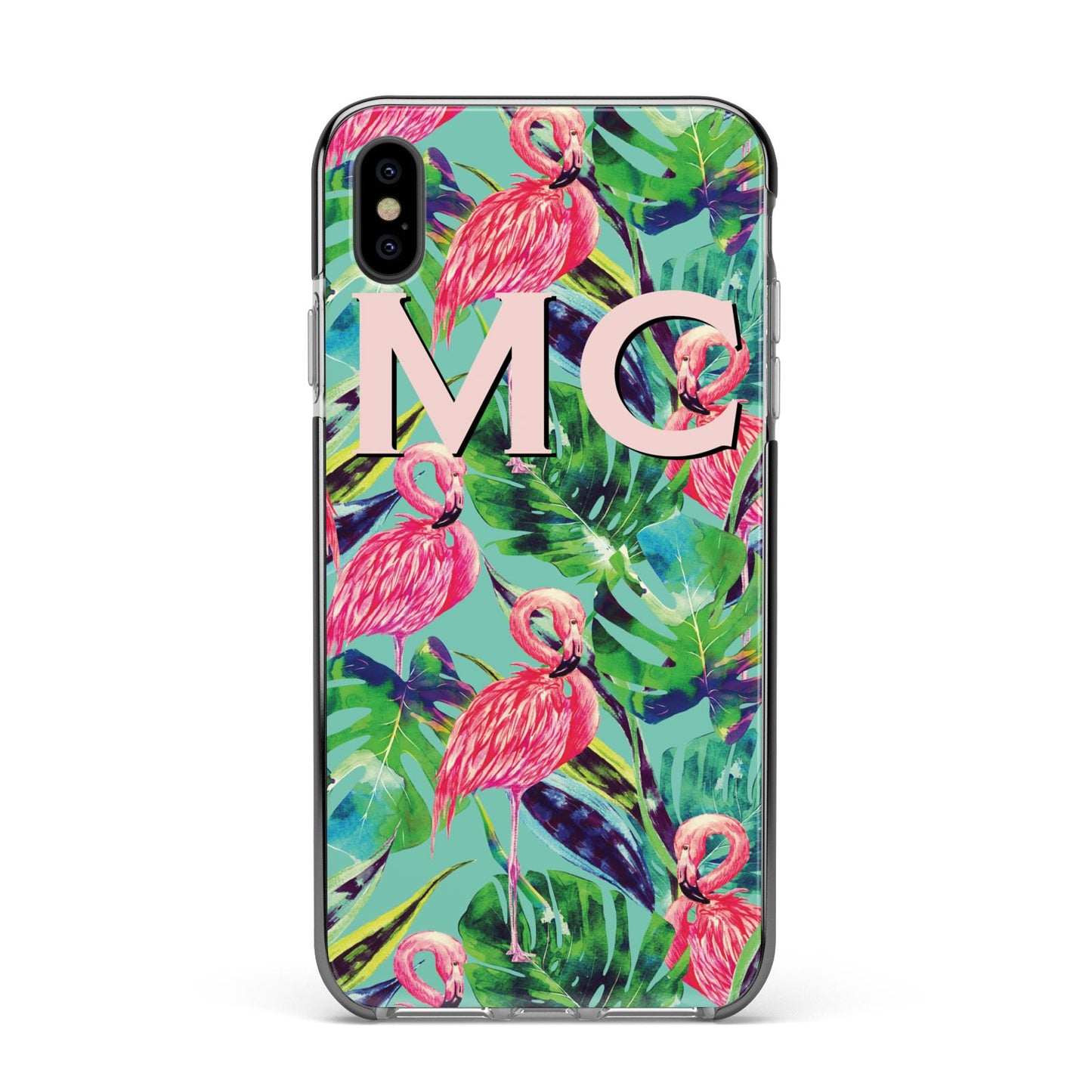 Personalised Tropical Green Leaves Flamingo Apple iPhone Xs Max Impact Case Black Edge on Black Phone