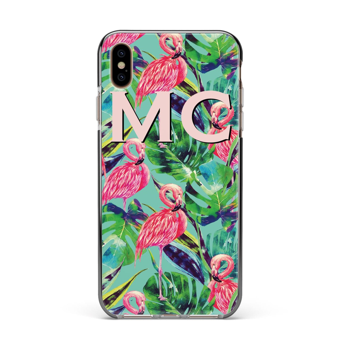 Personalised Tropical Green Leaves Flamingo Apple iPhone Xs Max Impact Case Black Edge on Gold Phone