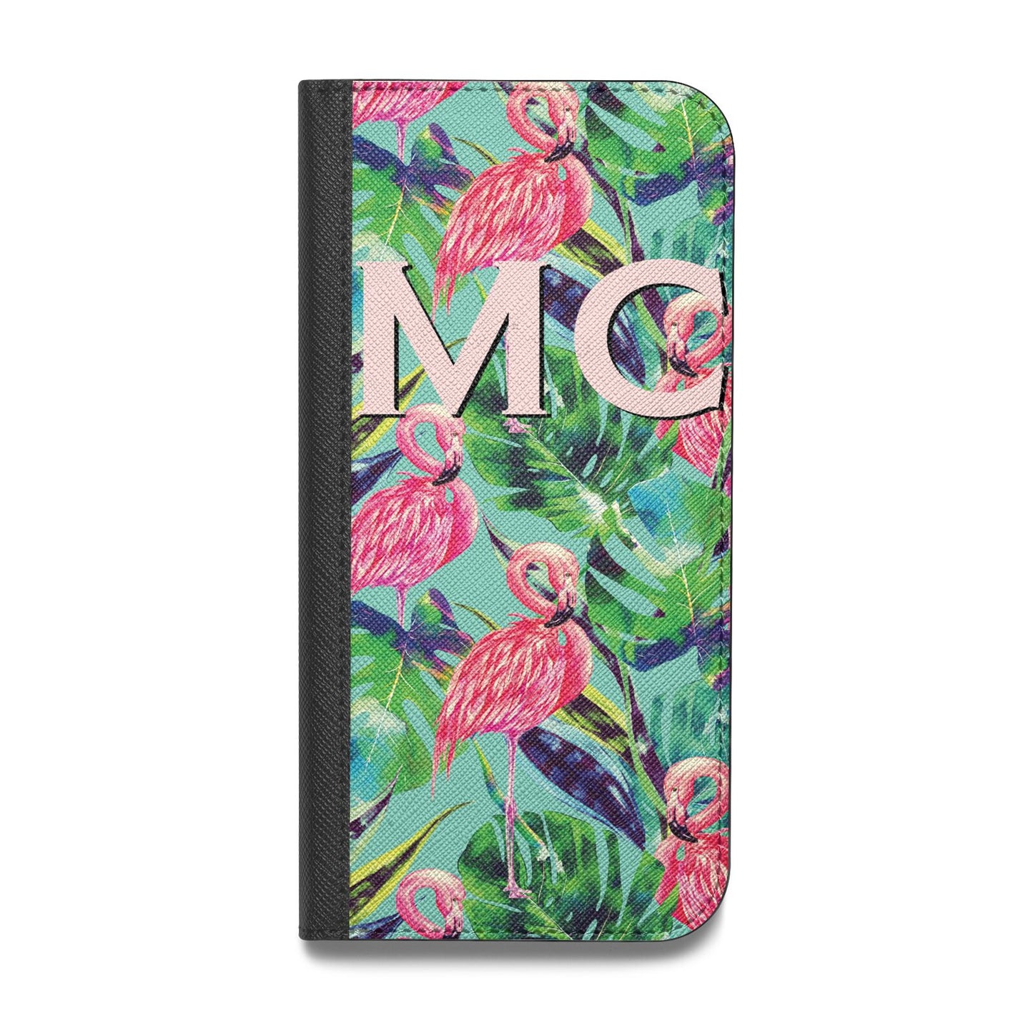 Personalised Tropical Green Leaves Flamingo Vegan Leather Flip iPhone Case