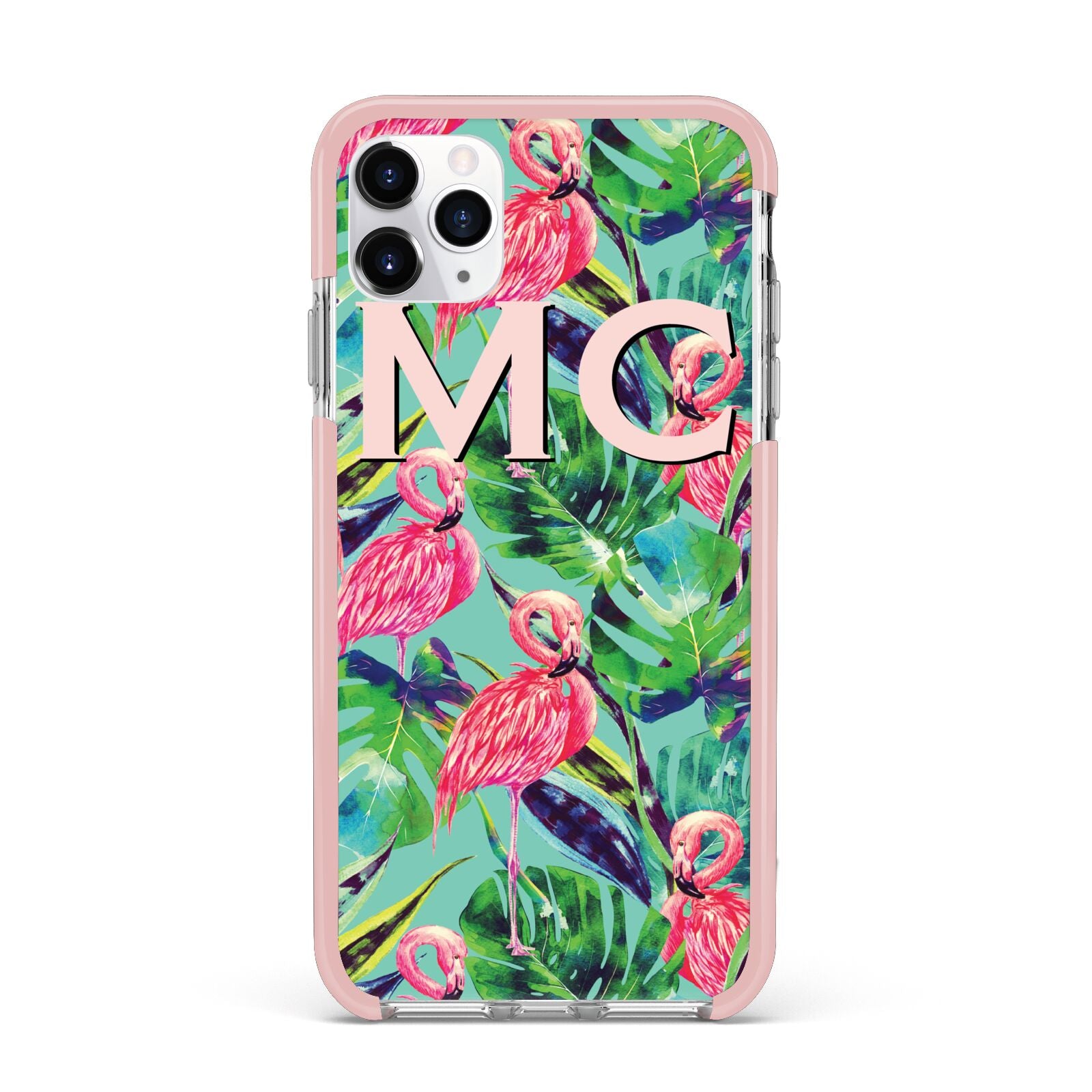 Personalised Tropical Green Leaves Flamingo iPhone 11 Pro Max Impact Pink Edge Case