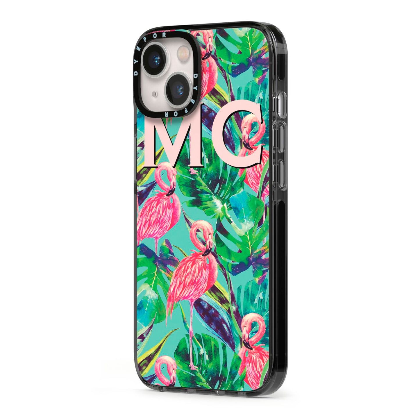 Personalised Tropical Green Leaves Flamingo iPhone 13 Black Impact Case Side Angle on Silver phone