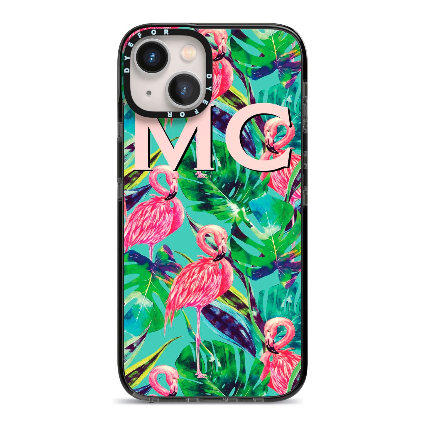 Personalised Tropical Green Leaves Flamingo iPhone 13 Black Impact Case on Silver phone