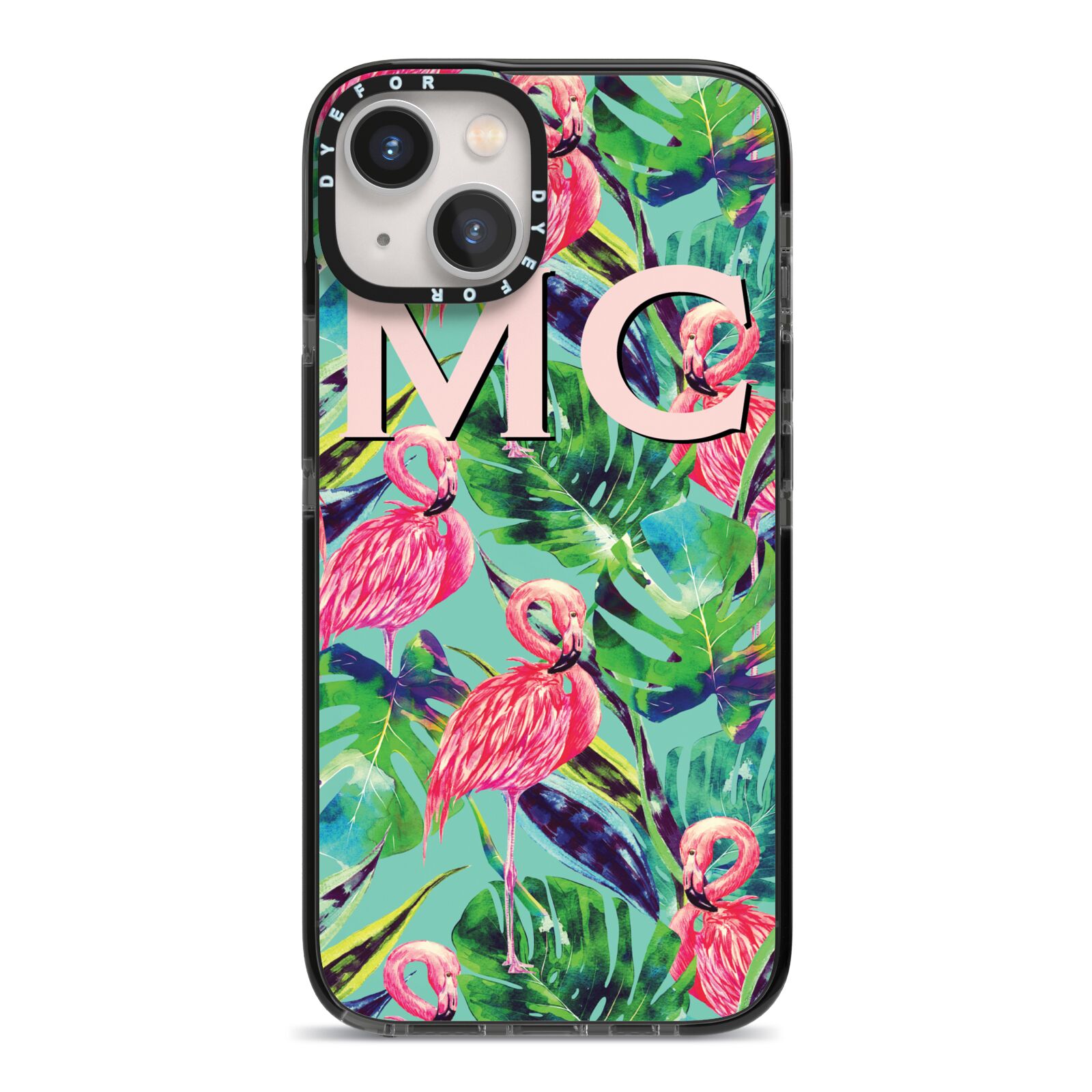Personalised Tropical Green Leaves Flamingo iPhone 13 Black Impact Case on Silver phone