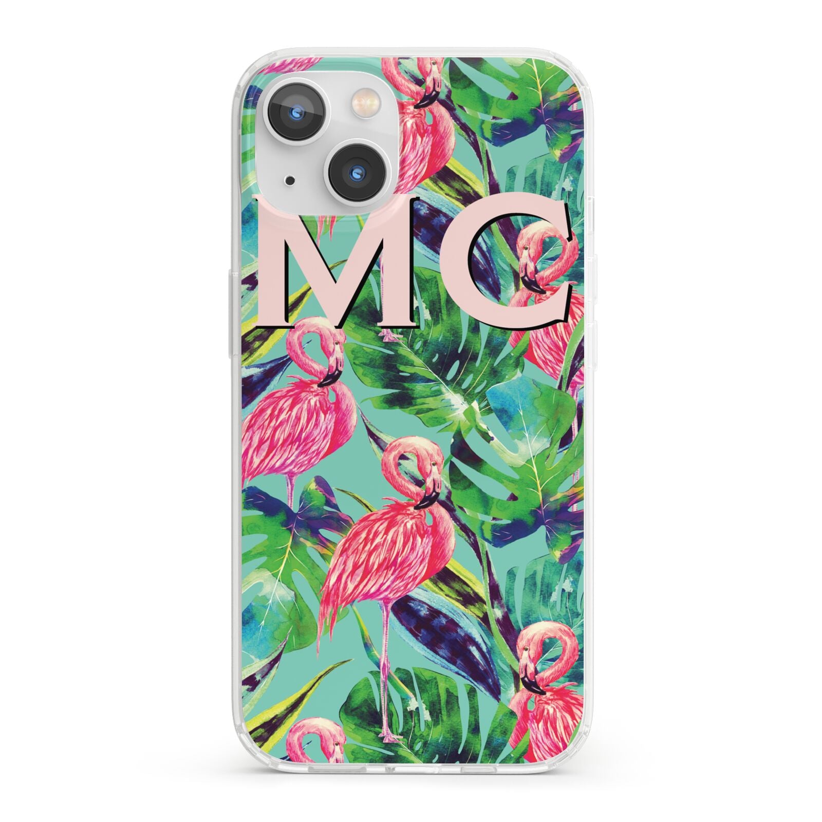 Personalised Tropical Green Leaves Flamingo iPhone 13 Clear Bumper Case