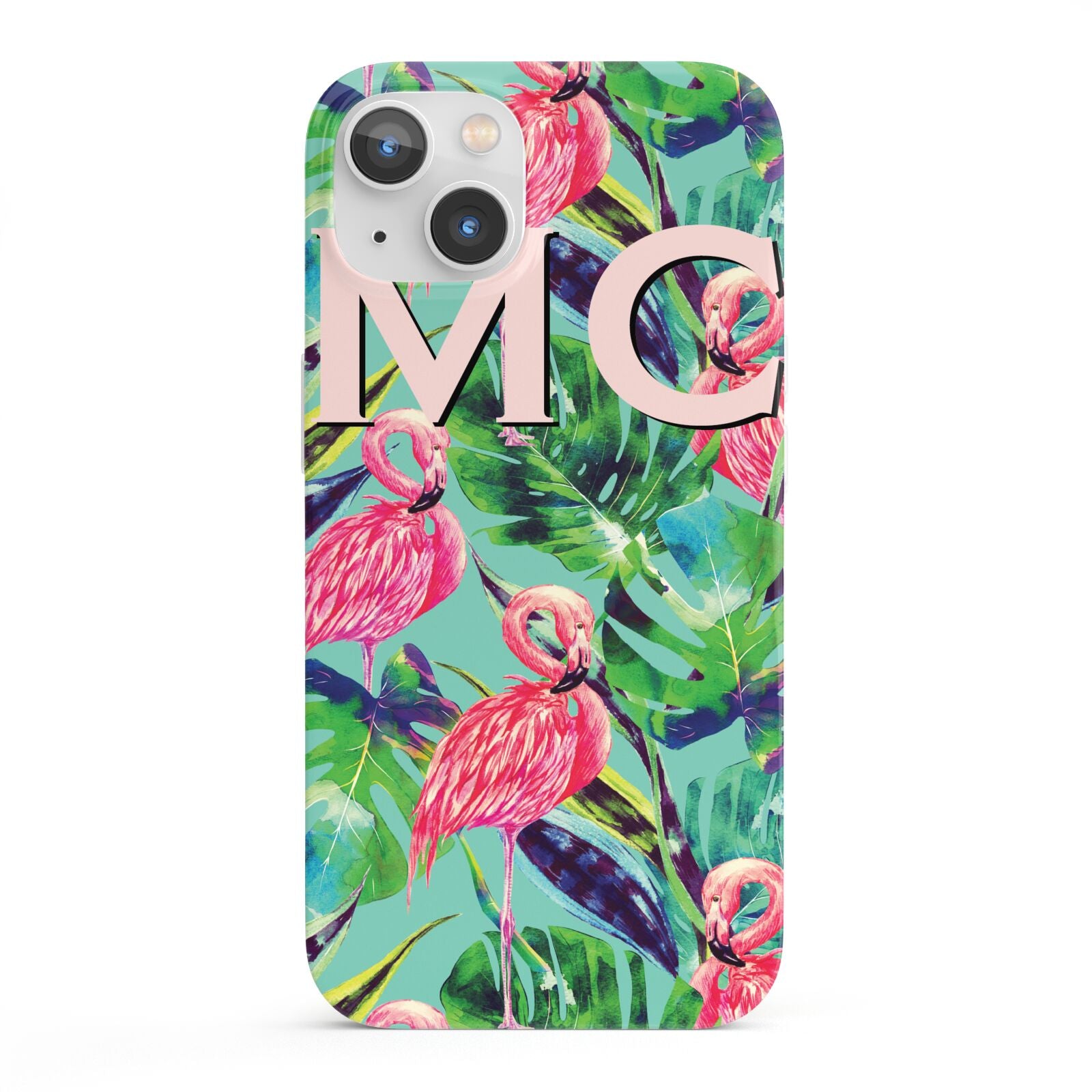 Personalised Tropical Green Leaves Flamingo iPhone 13 Full Wrap 3D Snap Case