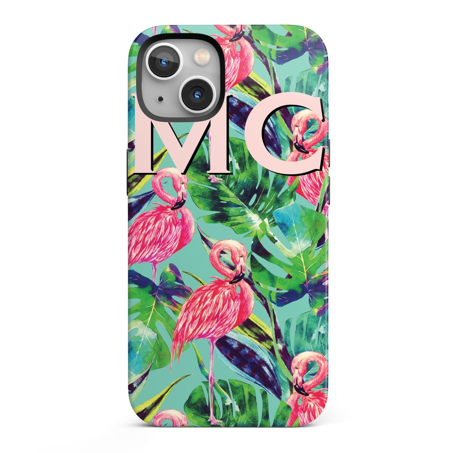 Personalised Tropical Green Leaves Flamingo iPhone 13 Full Wrap 3D Tough Case