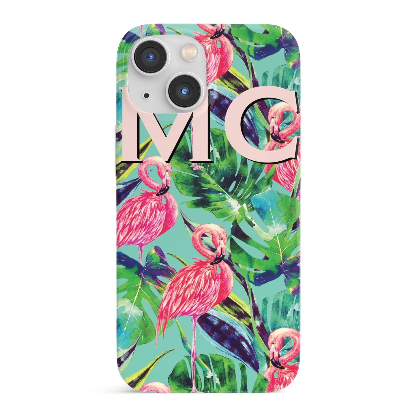 Personalised Tropical Green Leaves Flamingo iPhone 13 Mini Full Wrap 3D Snap Case