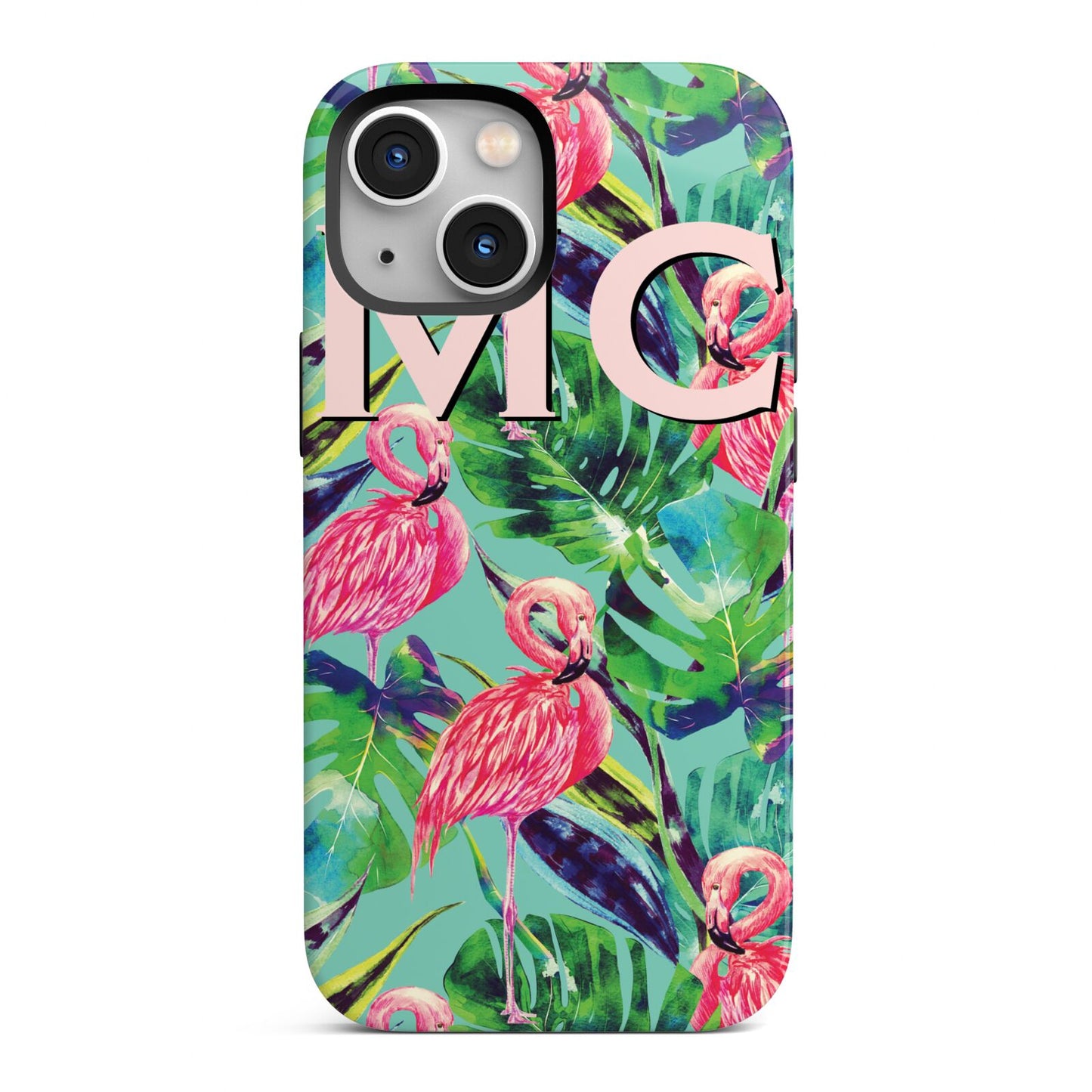 Personalised Tropical Green Leaves Flamingo iPhone 13 Mini Full Wrap 3D Tough Case