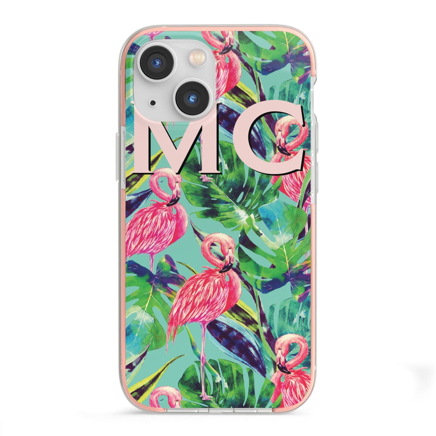Personalised Tropical Green Leaves Flamingo iPhone 13 Mini TPU Impact Case with Pink Edges