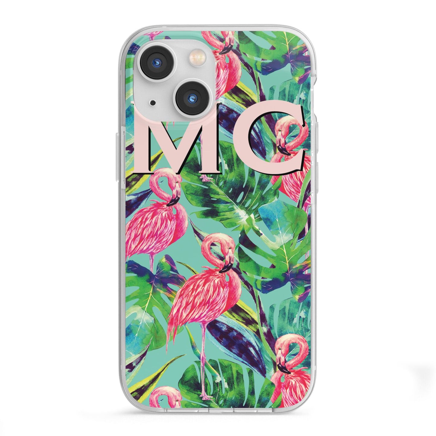 Personalised Tropical Green Leaves Flamingo iPhone 13 Mini TPU Impact Case with White Edges