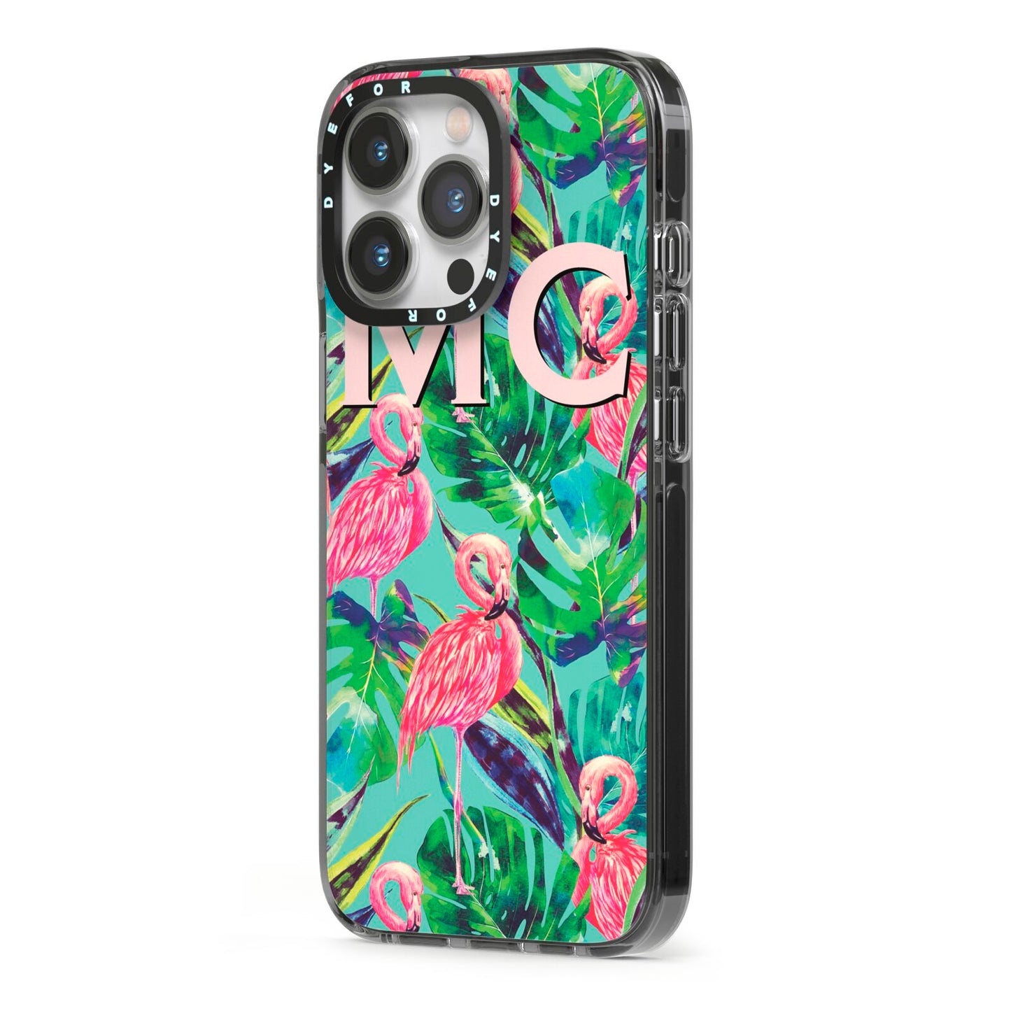 Personalised Tropical Green Leaves Flamingo iPhone 13 Pro Black Impact Case Side Angle on Silver phone