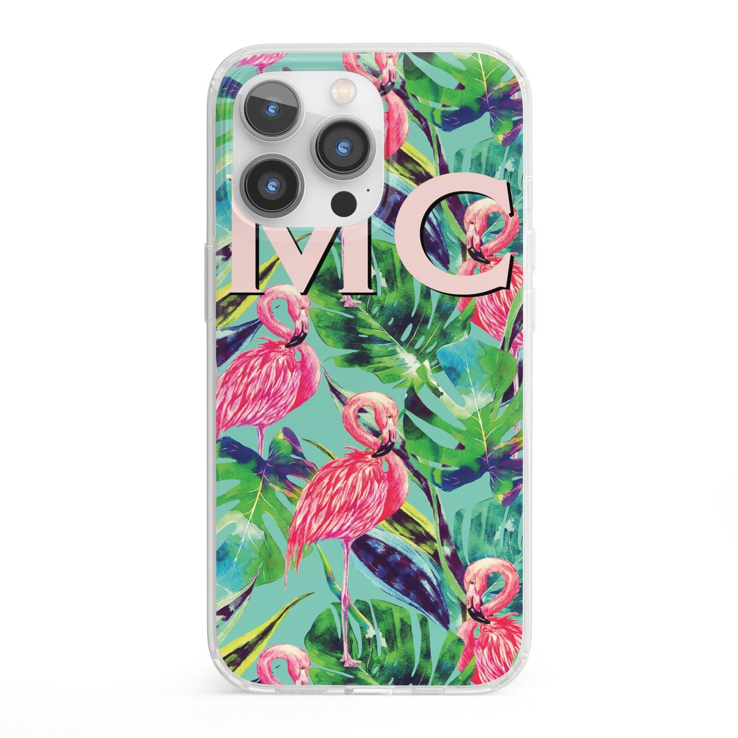 Personalised Tropical Green Leaves Flamingo iPhone 13 Pro Clear Bumper Case