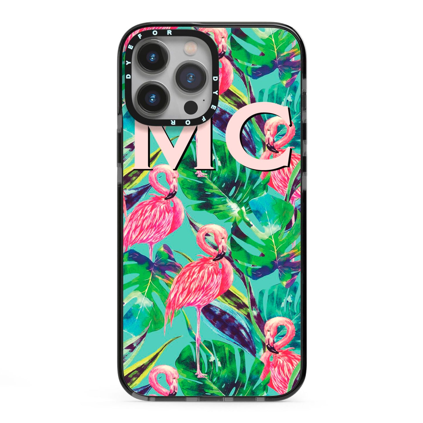 Personalised Tropical Green Leaves Flamingo iPhone 13 Pro Max Black Impact Case on Silver phone