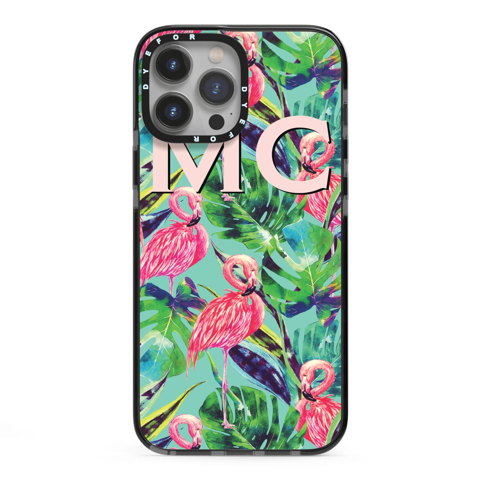 Personalised Tropical Green Leaves Flamingo iPhone 13 Pro Max Black Impact Case on Silver phone