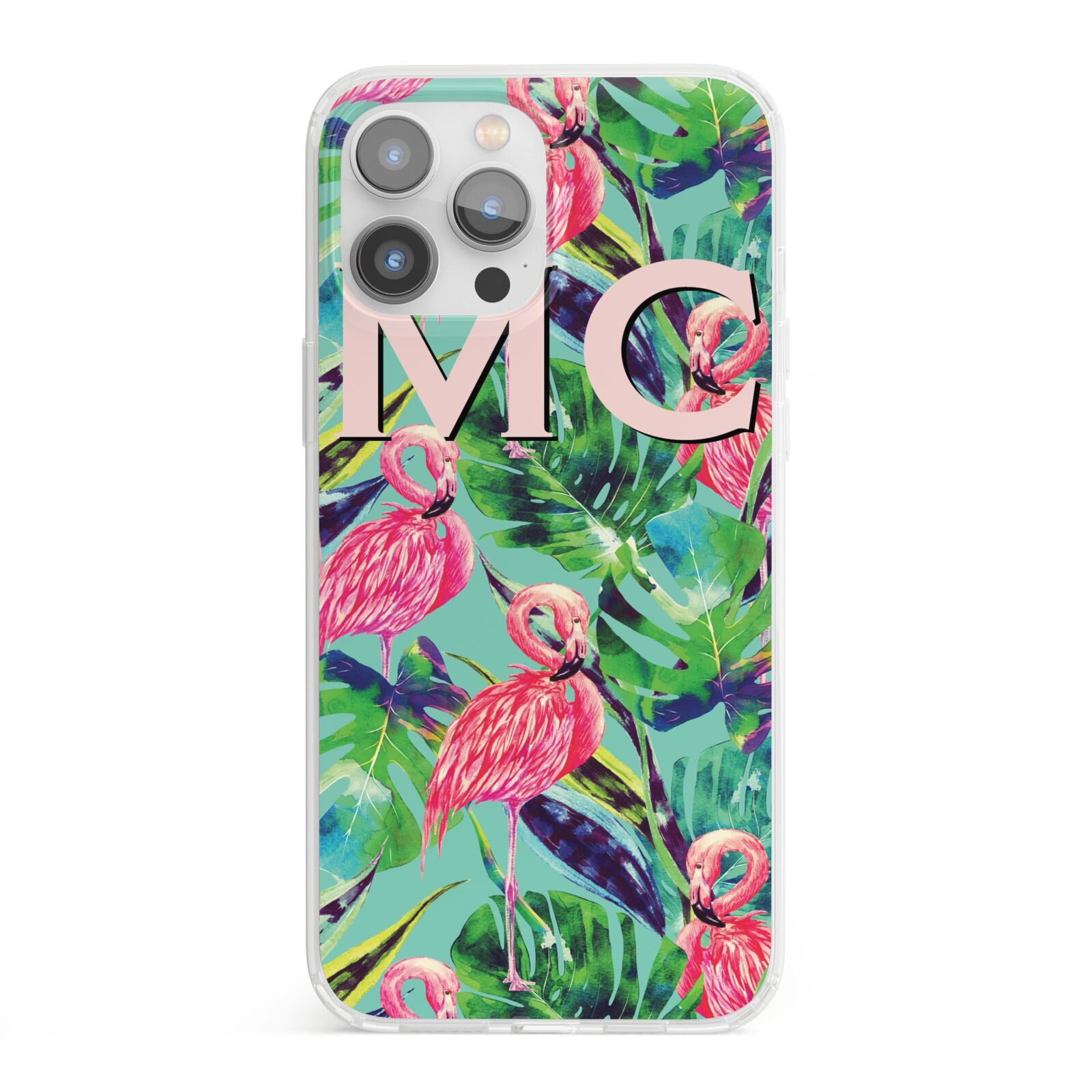Personalised Tropical Green Leaves Flamingo iPhone 13 Pro Max Clear Bumper Case
