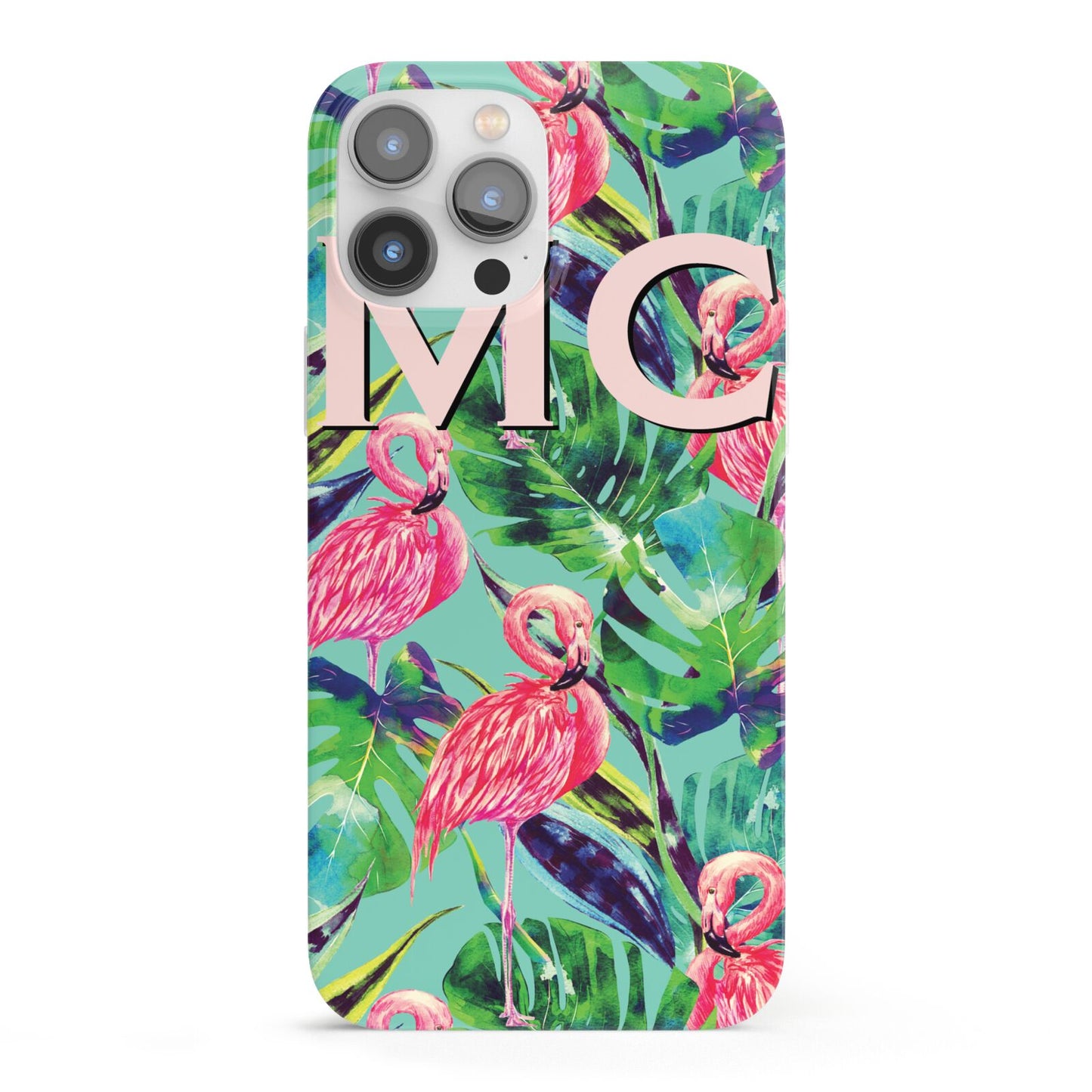 Personalised Tropical Green Leaves Flamingo iPhone 13 Pro Max Full Wrap 3D Snap Case