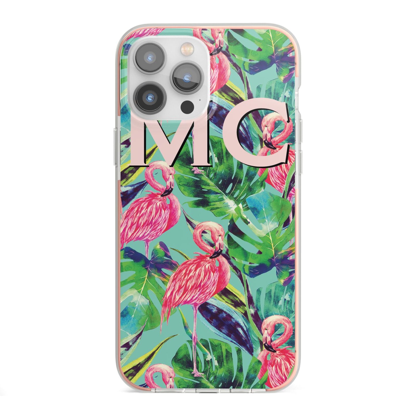 Personalised Tropical Green Leaves Flamingo iPhone 13 Pro Max TPU Impact Case with Pink Edges