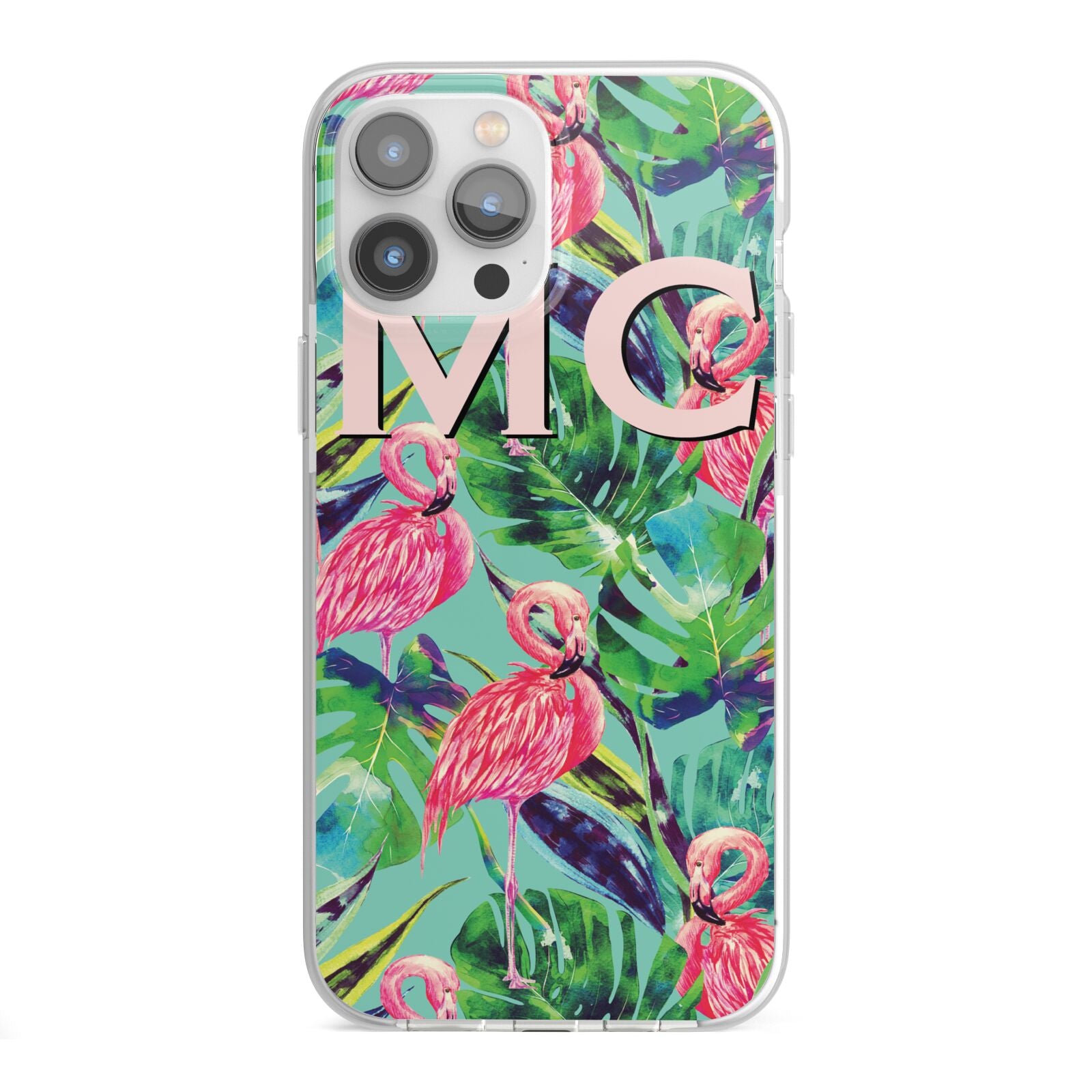 Personalised Tropical Green Leaves Flamingo iPhone 13 Pro Max TPU Impact Case with White Edges