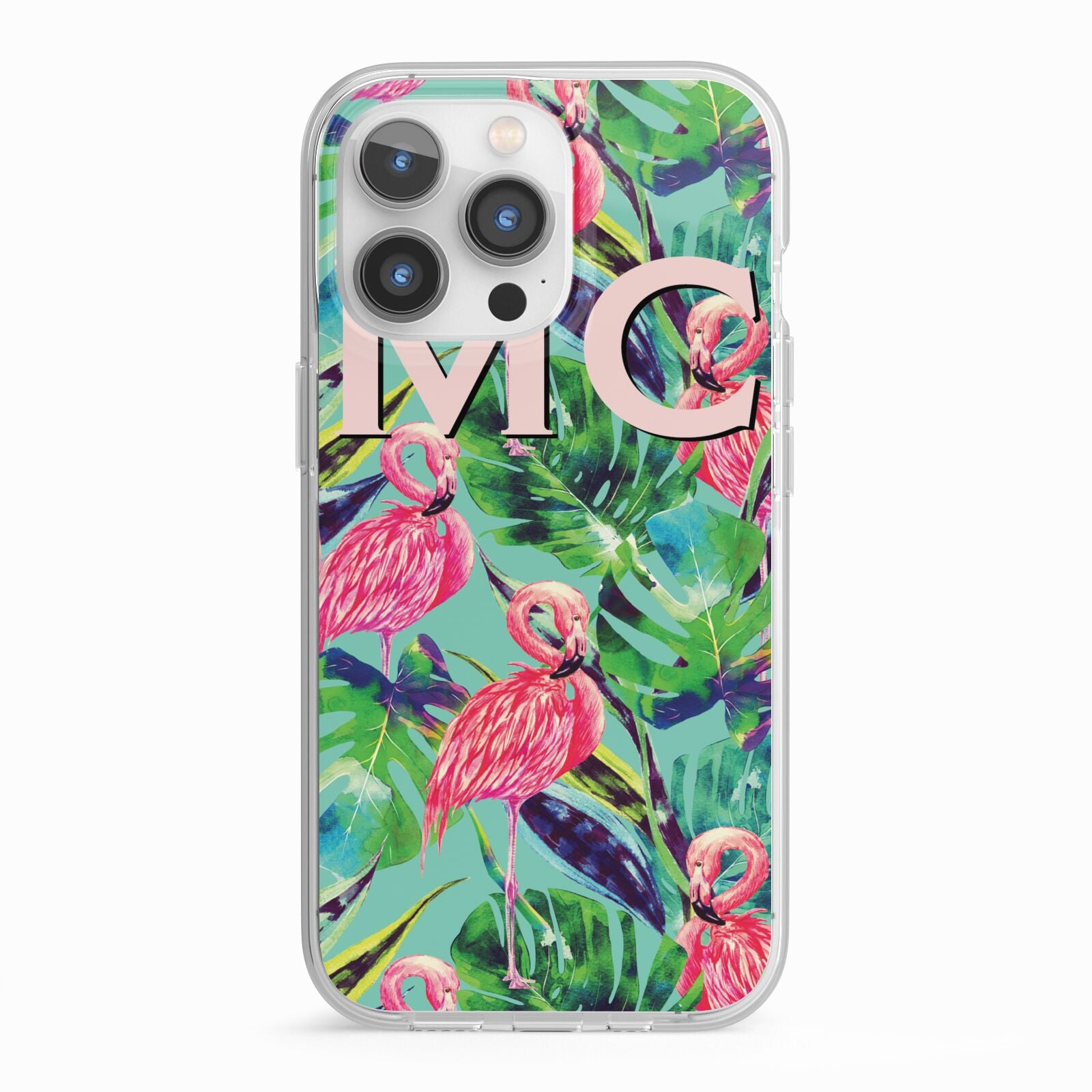 Personalised Tropical Green Leaves Flamingo iPhone 13 Pro TPU Impact Case with White Edges