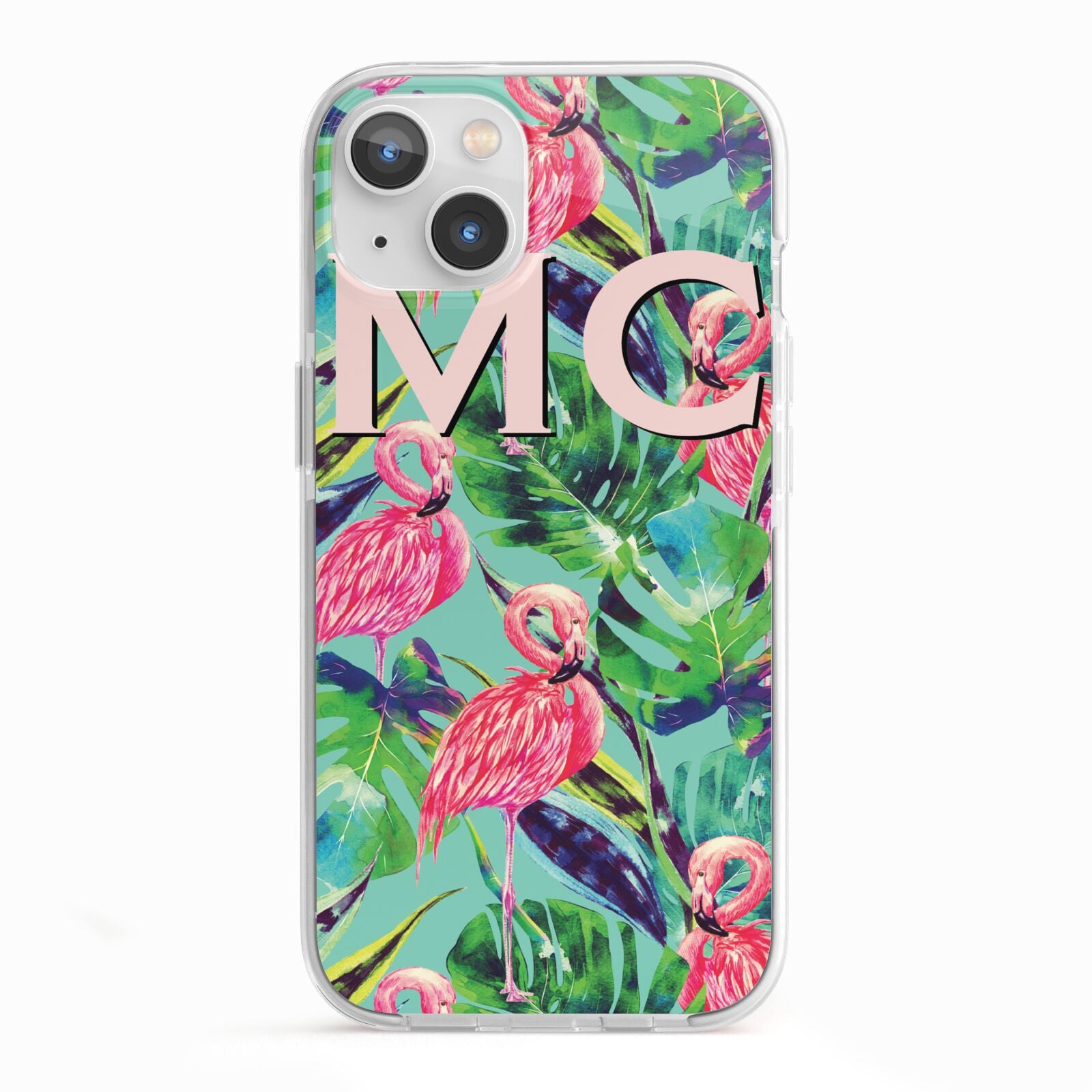 Personalised Tropical Green Leaves Flamingo iPhone 13 TPU Impact Case with White Edges