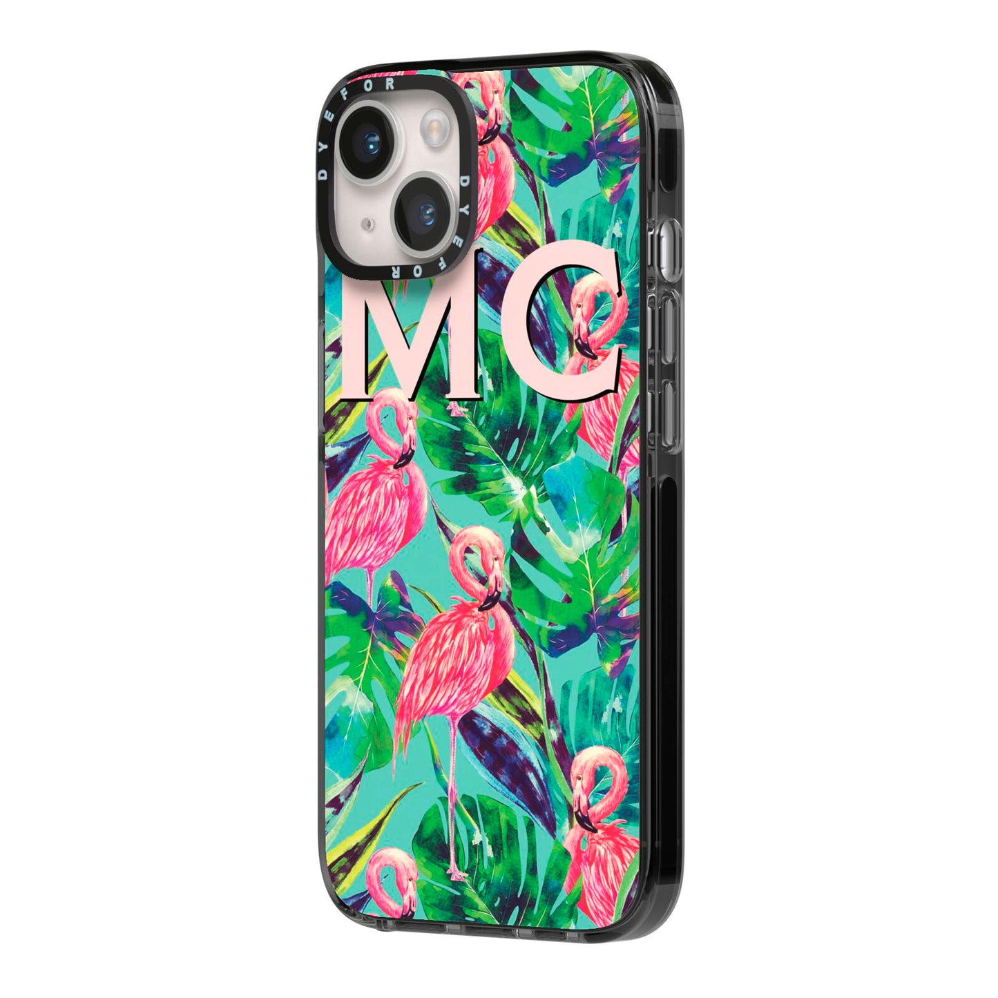 Personalised Tropical Green Leaves Flamingo iPhone 14 Black Impact Case Side Angle on Silver phone