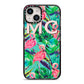 Personalised Tropical Green Leaves Flamingo iPhone 14 Black Impact Case on Silver phone