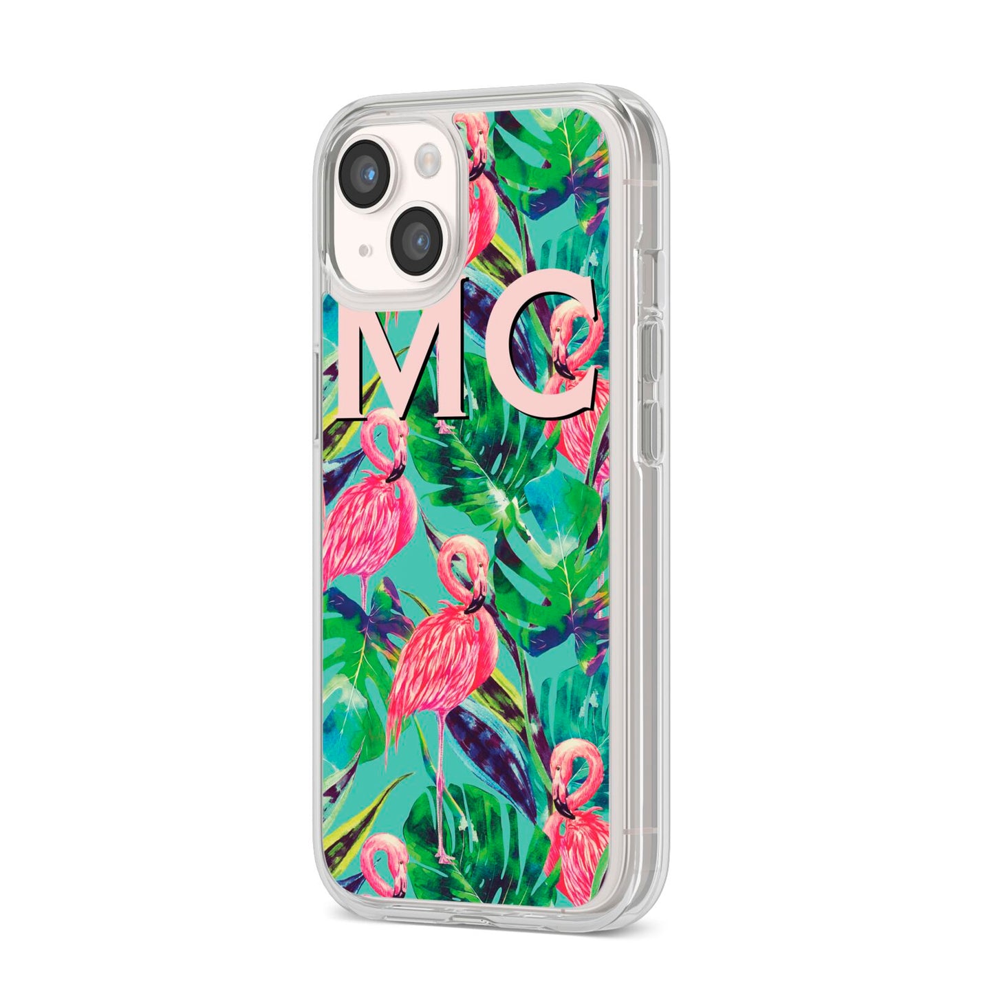 Personalised Tropical Green Leaves Flamingo iPhone 14 Clear Tough Case Starlight Angled Image